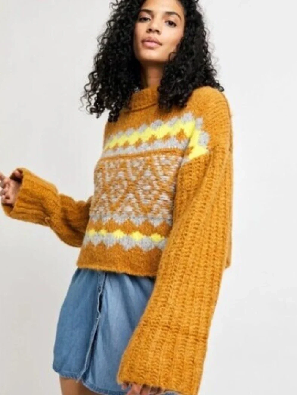 Free People Yellow and Gray Wool Blend Alpine Cropped Sweater - Size - Medium
